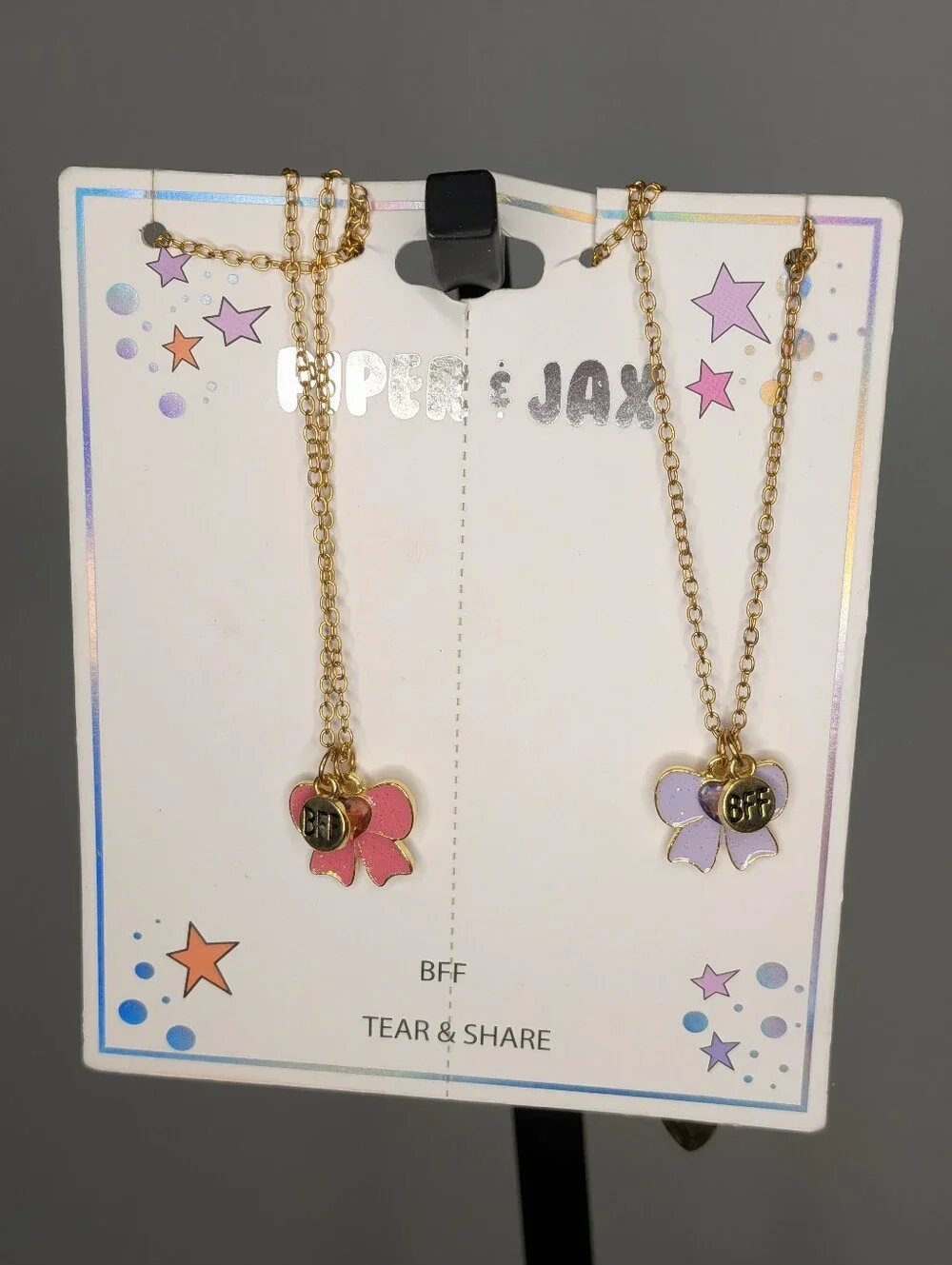 NWT Piper & Jax Nordstrom Rack Kids Glitter Bow BFF Necklace Set - Tear & Share